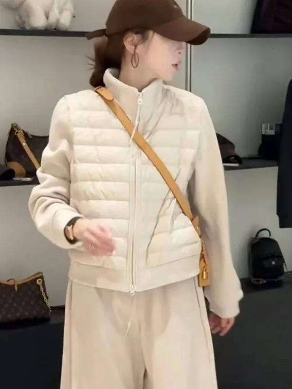 

Women's Short Lightweight Cotton Jacket Patchwork Ribbed Collar Fashionable Versatile Warm Top Korean Style Commute Clothes