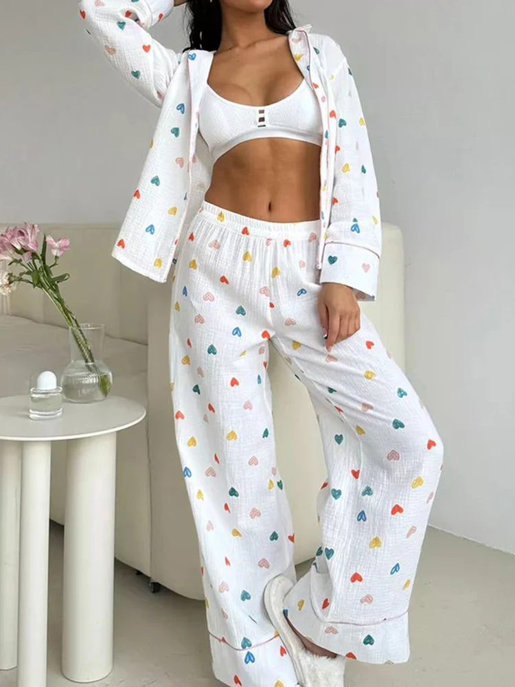 Linad Loose Women\'s Home Clothes 2 Piece Sets Fashion Print Long Sleeve Sleepwear Female Trouser Suits Cotton Summer Casual