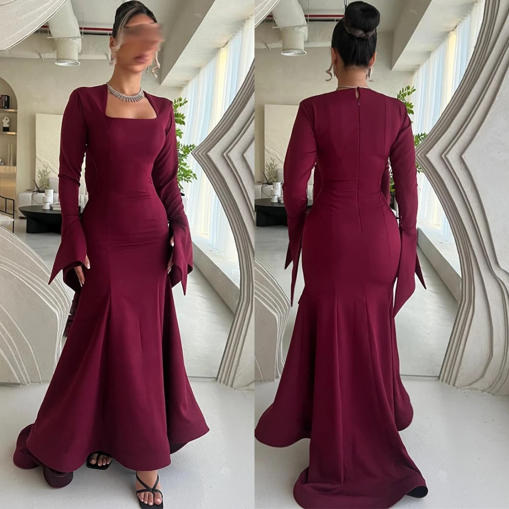 

Customized Classic Jersey Evening Dress Simple Square Collar Prom Dresses High Quality Sweep Train Special Occasion Gowns