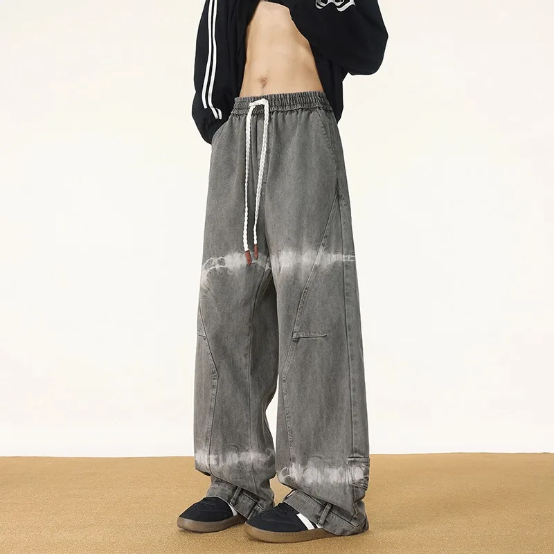 American Style Cotton Tie Dye Straight Leg Loose Fit Men Jeans Spring Autumn Casual Man Pants