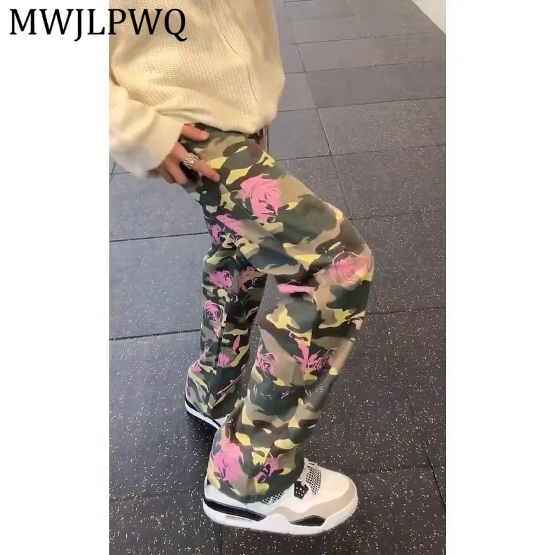 

MWJLPWQ American Print Camouflage Straight Work Jeans For Men High-End Stylish High Street Vibe Slightly Flared Trousers 16152