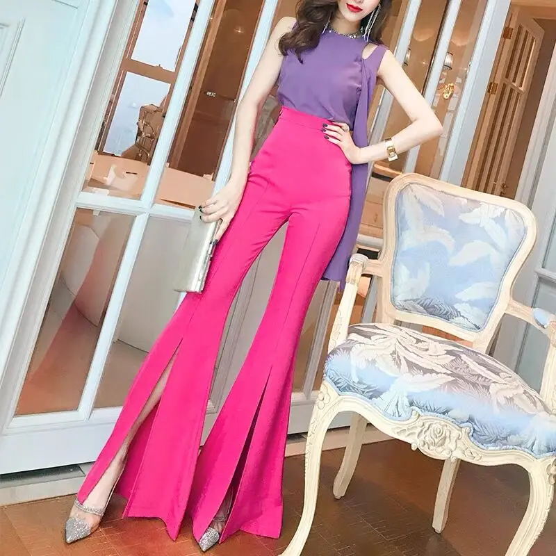 

Women Split Cuff High Waist Slim Flare Long Pants Chic Fashion Office Floor Length Trousers Korean Skinny Bell Bottom Pantalon