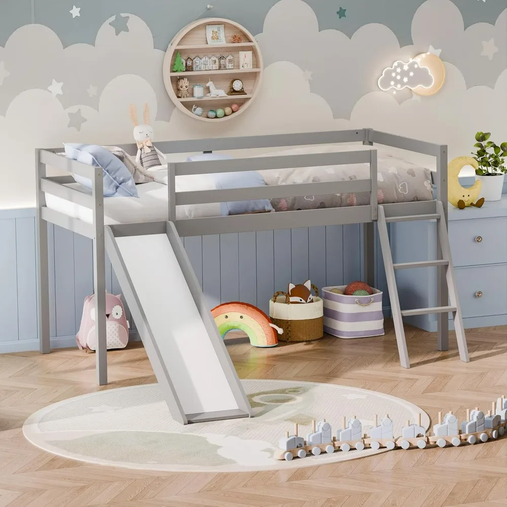 Twin Loft Bed with Slide and Ladder, Solid Pine Wood Bed Frame for Kids, Toddlers, with Storage Space, Low Height Design