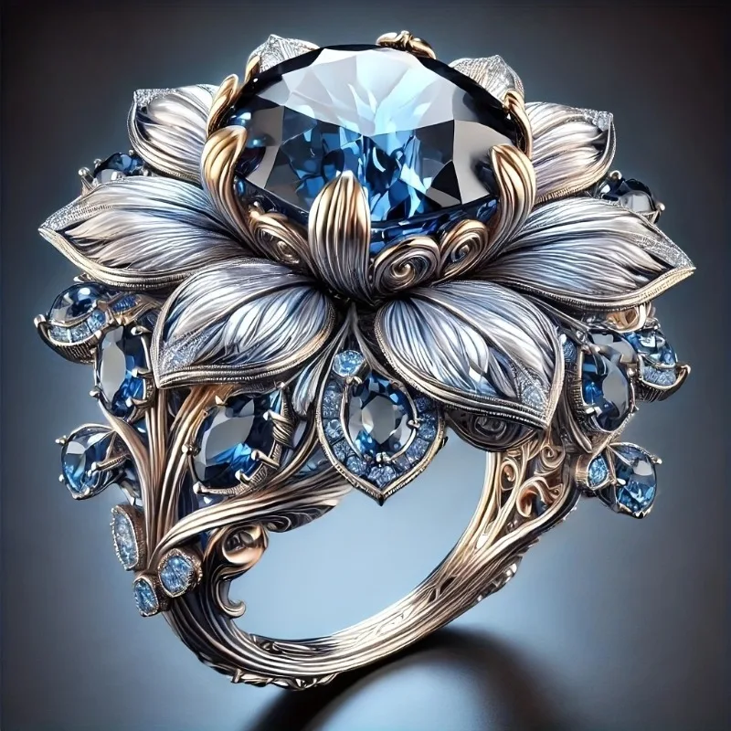 Luxury Blue Red Cubic Zirconia Floral Statement Ring Two-Tone Color Ring Elegant Cocktail Ring For Women Party Wedding Jewelry