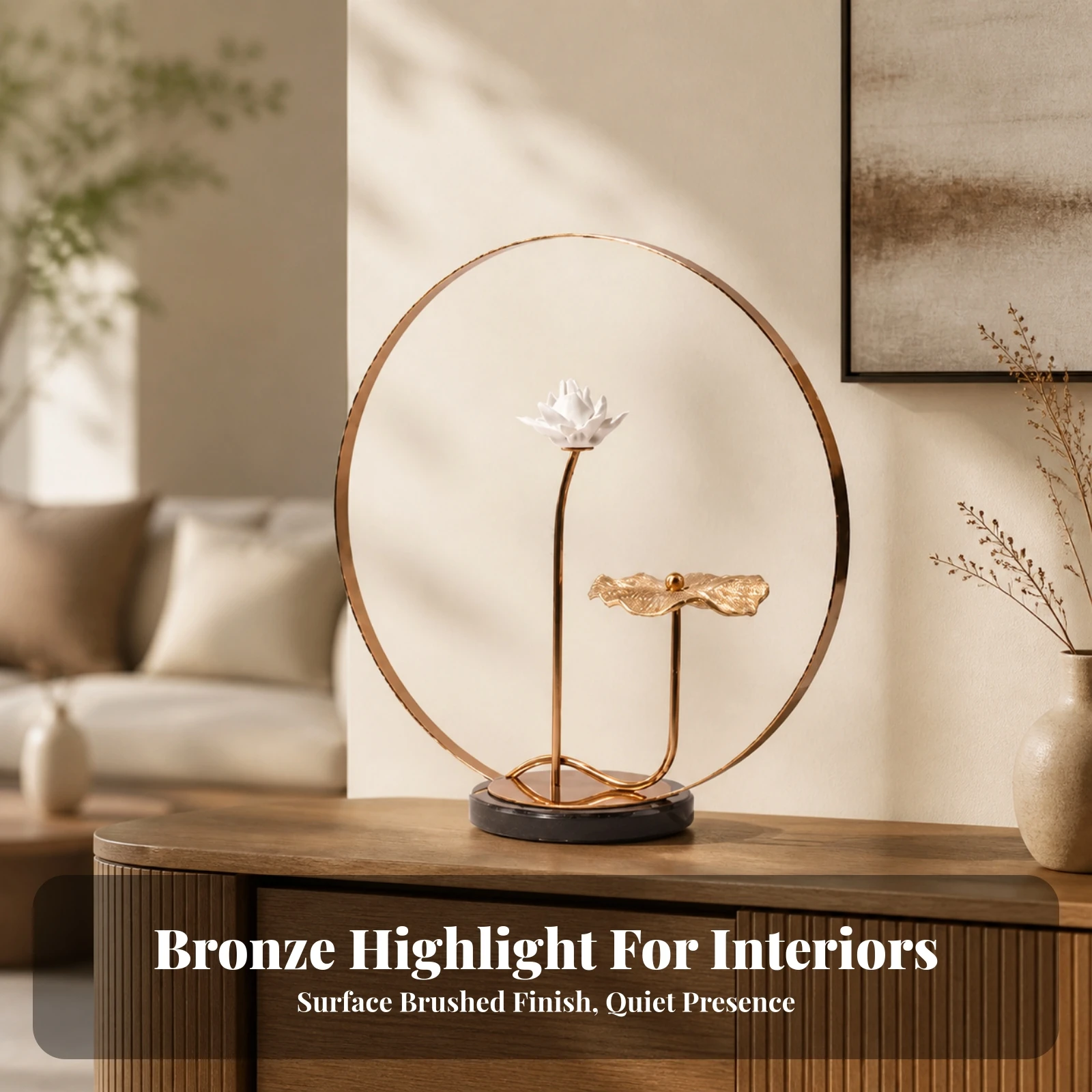 Metal Circular Band Sculpture with Stone Base Modern Chinese-Style Decorative Display Botanical Sculptural Accent Elegant