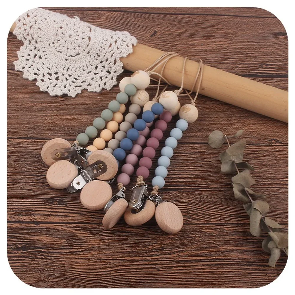 12MM Baby Silicone Pacifier Clips Chain Three Hole Beech Wood Pacifier Holder Nipple Eco-friendly Pacifier Clips Holder Chain