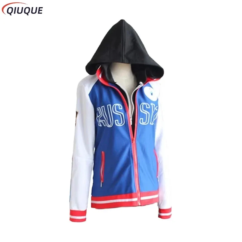 Yuri Plisetsky 코스프레 뜨거운 애니메이션 YURI!!! ICE 코스프레 의상 Yuri Blue Jacket Coat 유니섹스 데일리 스포츠웨어 Fake False 2 piece