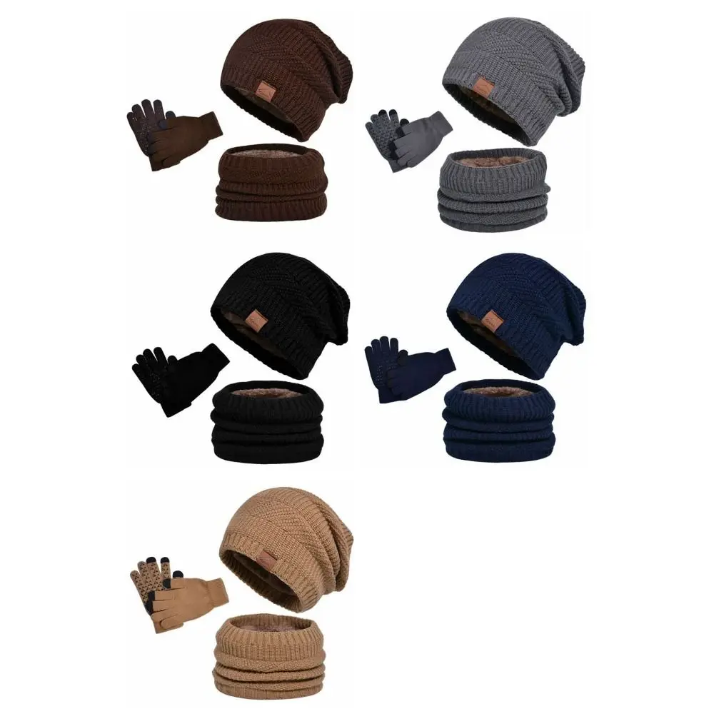 3 pièces mode couleur unie chapeau écharpe gants ensemble laine épaissir thermique tricot casquette polaire doublé cou protecteur hiver bonnet chapeau hiver