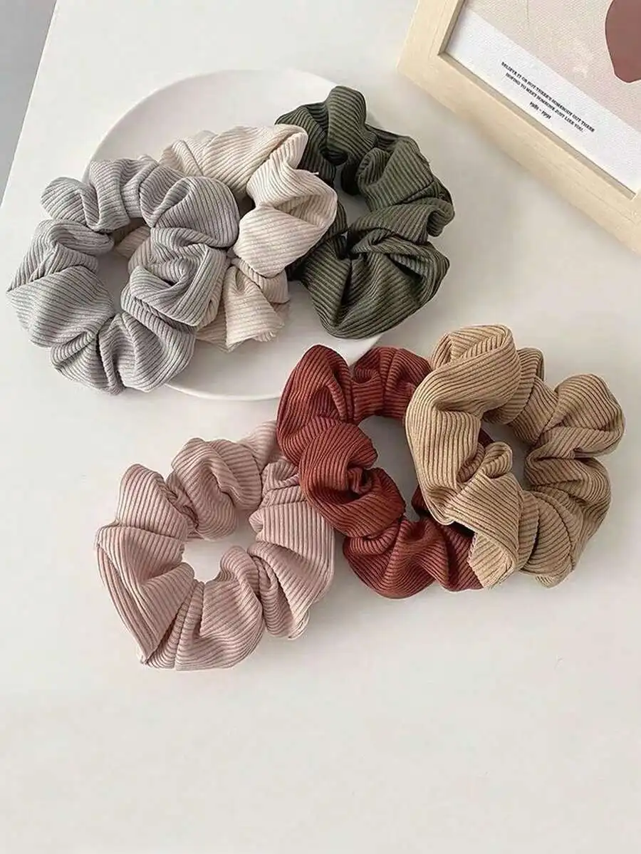 

6pcs Ribbed Fabric Scrunchies Hair Ties Elastic Hair Bands Korean Style Ponytail Accessories