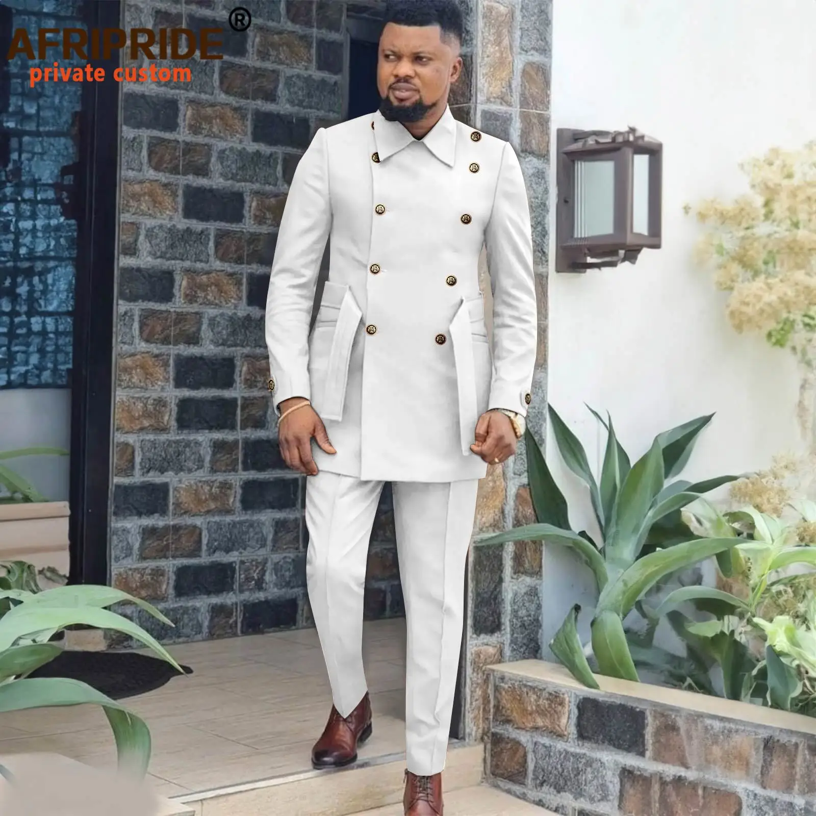 African Suits for Men Double Breasted Full Sleeve Slim Fit Blazer and Trousers Set Dashiki Outfits with Belt Formal Wear 2416039