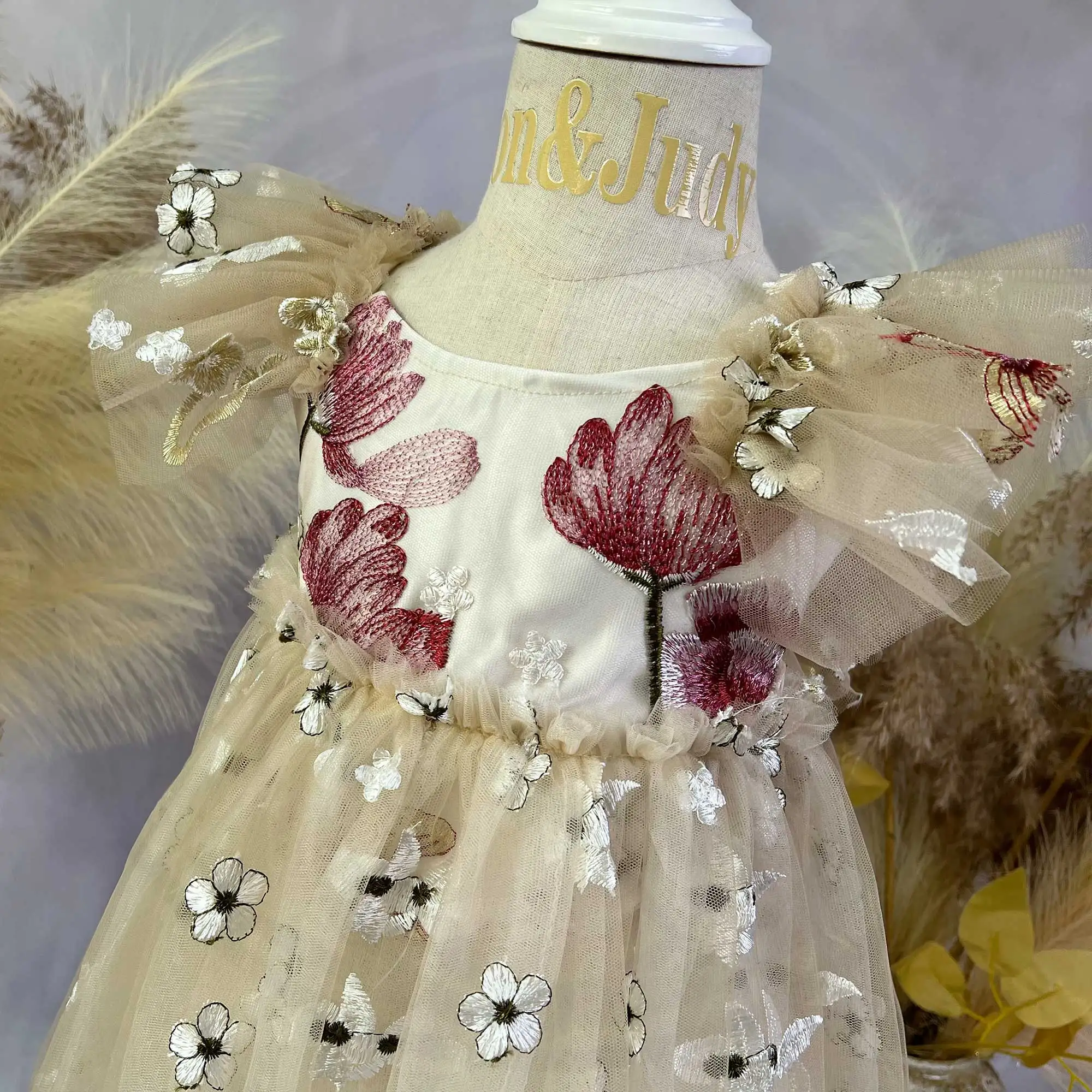 فستان الأميرة دون وجودي، تنورة للفتيات الصغيرات، ملابس مطرزة من التول على شكل زهرة لملابس حفلات أعياد الميلاد