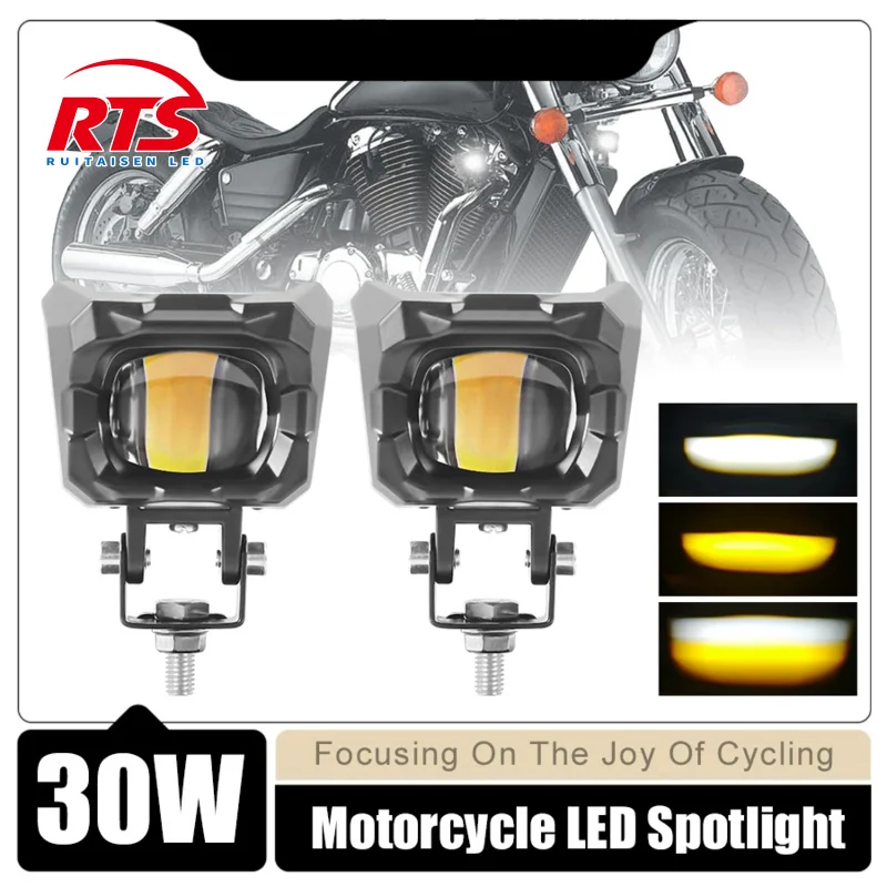 

30W Mini Motorcycle Headlight Dual Beam LED High/Low Beam Spotlight DRL White And Yellow Auxiliary Driving Lamps