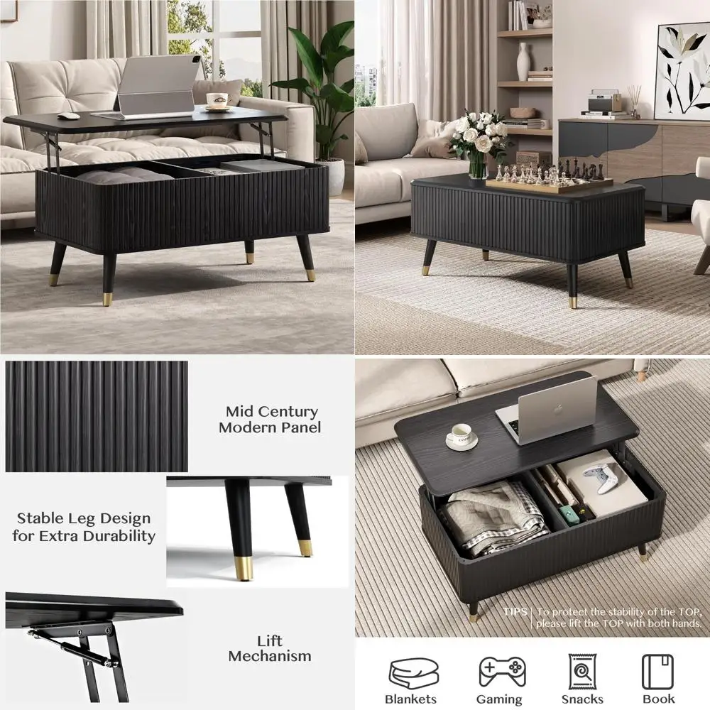 

Mid Century Modern Lift Top Coffee Table with Hidden Storage, 38-inch Fluted Living Room Center Table