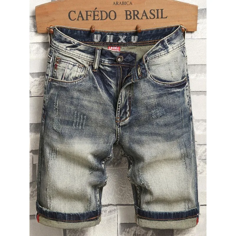 korean luxury clothing Harajuku Men\'s Casual Denim Knee-Length Shorts for 2024 Summer Vintage American Retro Style Jeans Shorts