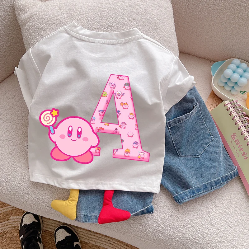 

Star Kirbys New T-shirt for Child A-Z Letter Tee Tops Cute Cartoon Boy Girl Clothes Anime Kids Short Sleeve White Loose Clothing