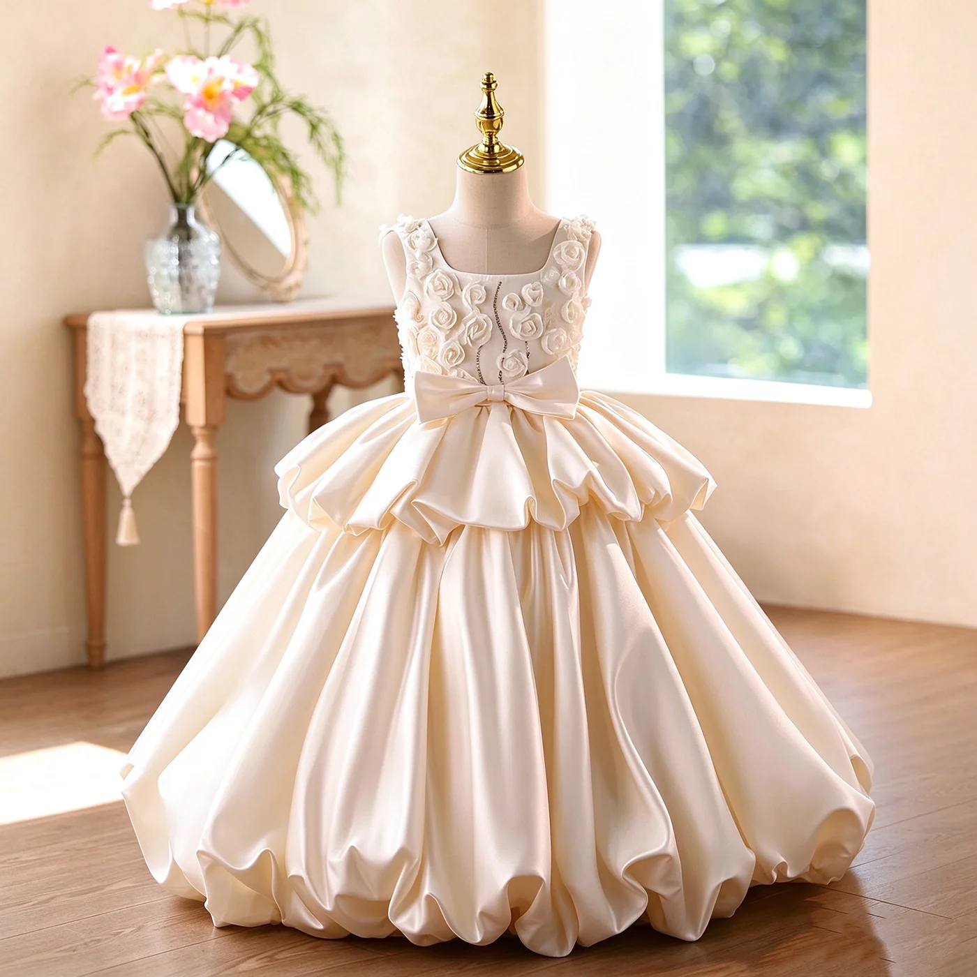 Dreamy Vow D378 Champagne Flower Girl Dress, Satin Tulle Rose Beaded Ball Gown, Princess Bow Maxi for Wedding Pageant Ceremony