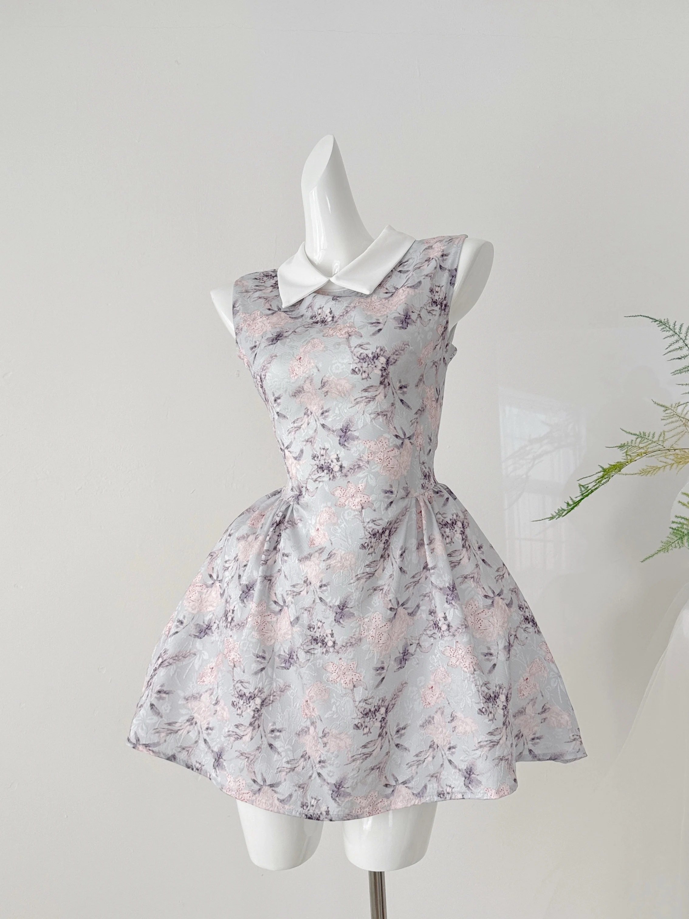 Korean Style A Line Shirt Dress - Retro Çiçek Baskılı Gömlek Yaka Elbise