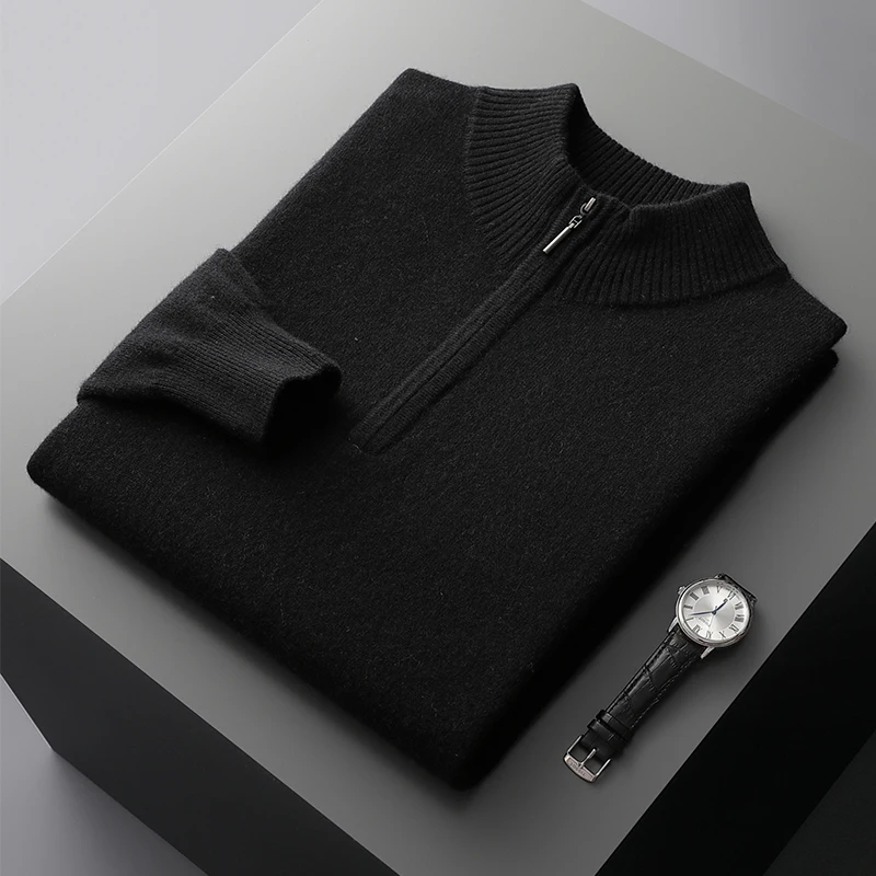Autumn And Winter New 100% Wool Men's Semi-High Neck Zipper Thick Sweater Loose Business Knitting Bottoming Shirt