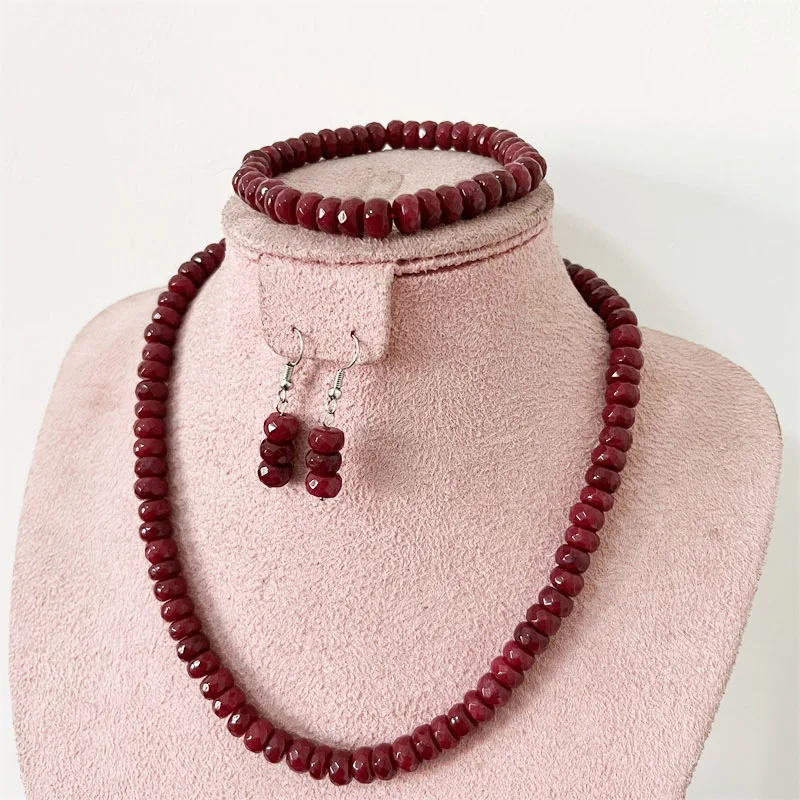 Faceted 5*8MM Deep Red Ruby Natural Stone Jewelry Sets Bead Necklace Earrings Bracelet Chain Choker Simple Design Party Boho