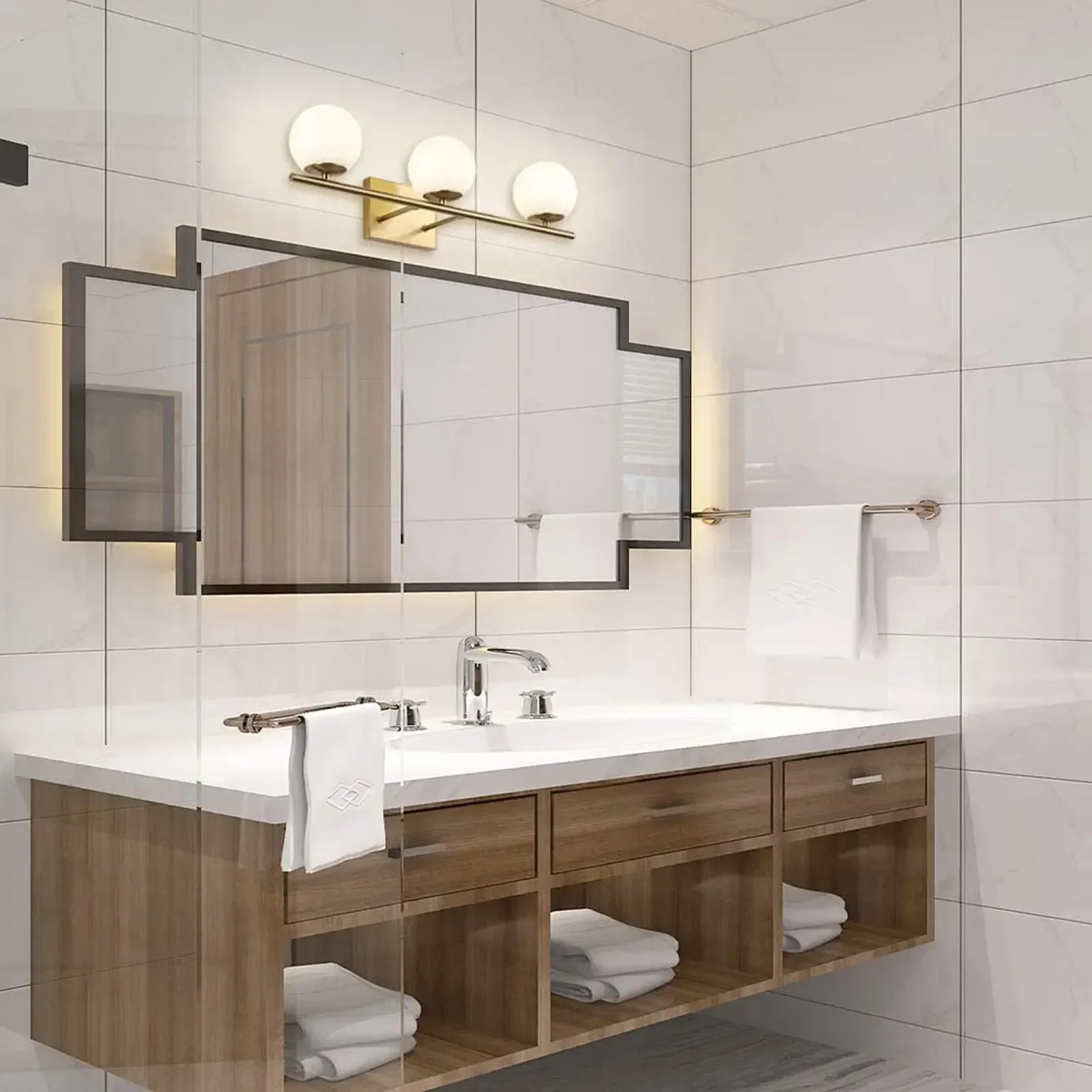 Lámpara de pared rústica dorada para tocador de baño, accesorio estilo granja blanco leche para espacio de baño