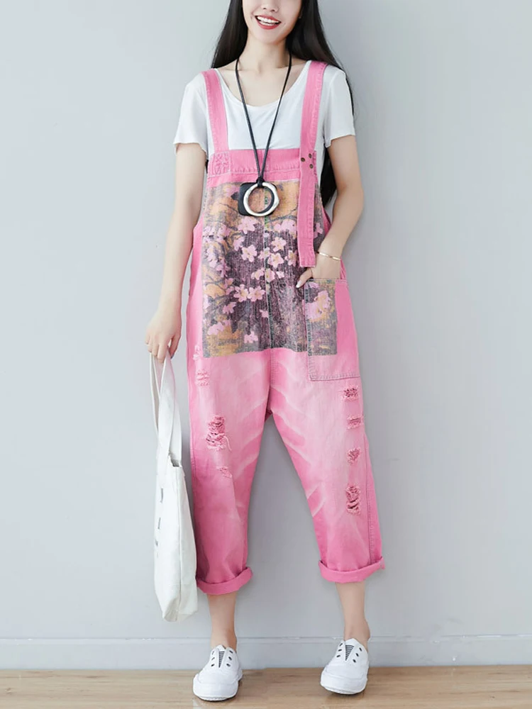 

Candy Colored Denim Overalls Women's Loose Fit Nine-Tenths High Waist Distred Casual Pants Korean Sle Trendy