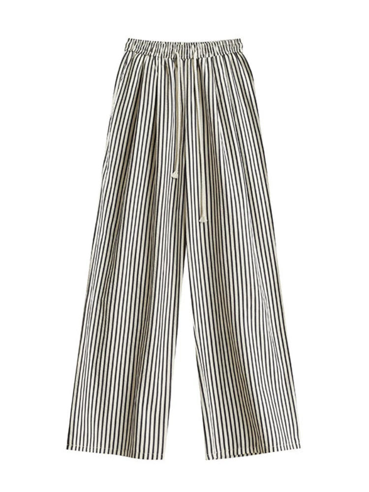 QWEEK Korean Fashion Striped Pants Women Summer Y2K Vintage Drawstring Wide Leg Trousers Oversized High Waist Casual Pants