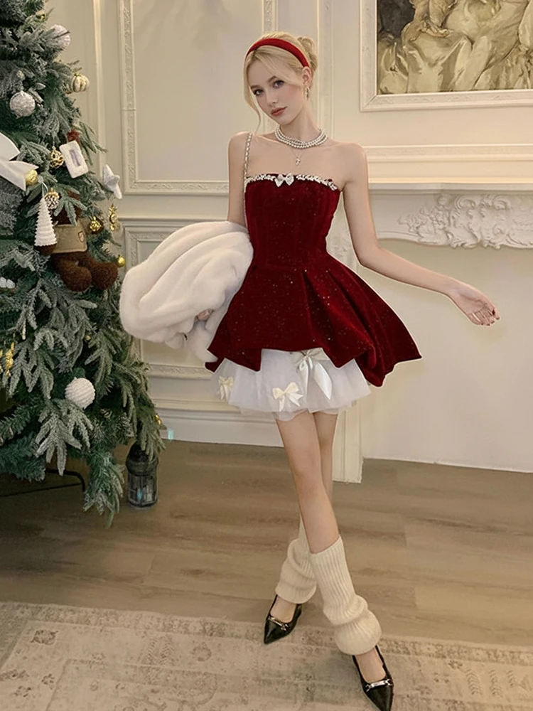 REDDACHiC Xmas Velvet Party Dress with Petticoat Glitter Bandeau Bow Pleated Puffy Mini Dress Cutecore Princess Birthday Clothes