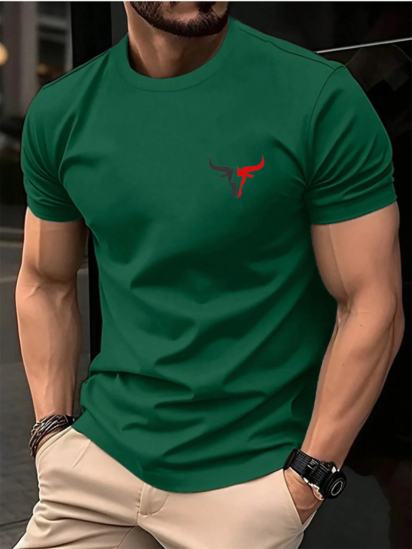 Summer men's 100 cotton casual loose plus size bull pattern printed sports comfortable round neck short sleeved T-shirt top image 4