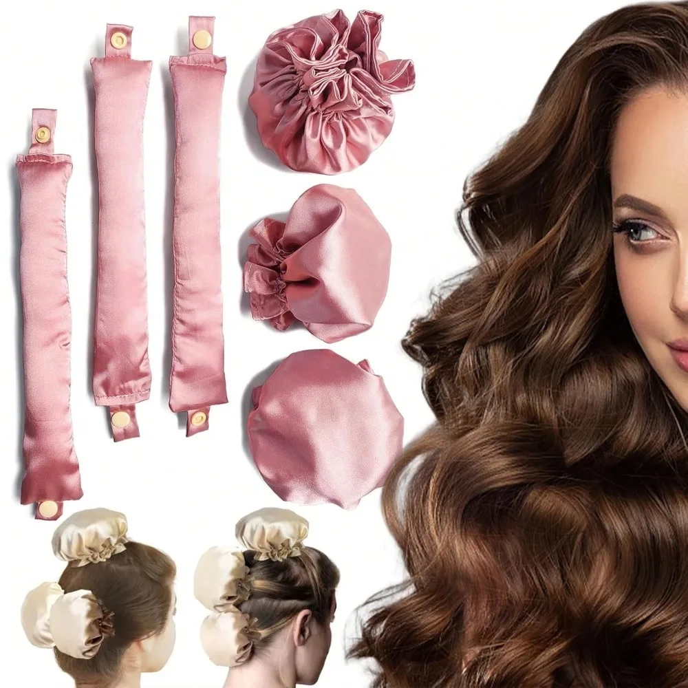Rizador de pelo satinado sin calor, rulos para el cabello, rizos sin calor con gorros para el cabello, diadema con varilla rizadora suave sin calor para cabello largo, 2/4/6 Uds.