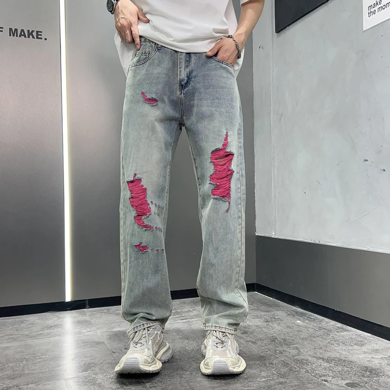 Y2K fashion holes jeans men's retro distressed trend fashion loose casual all-match Street wide leg mop pants