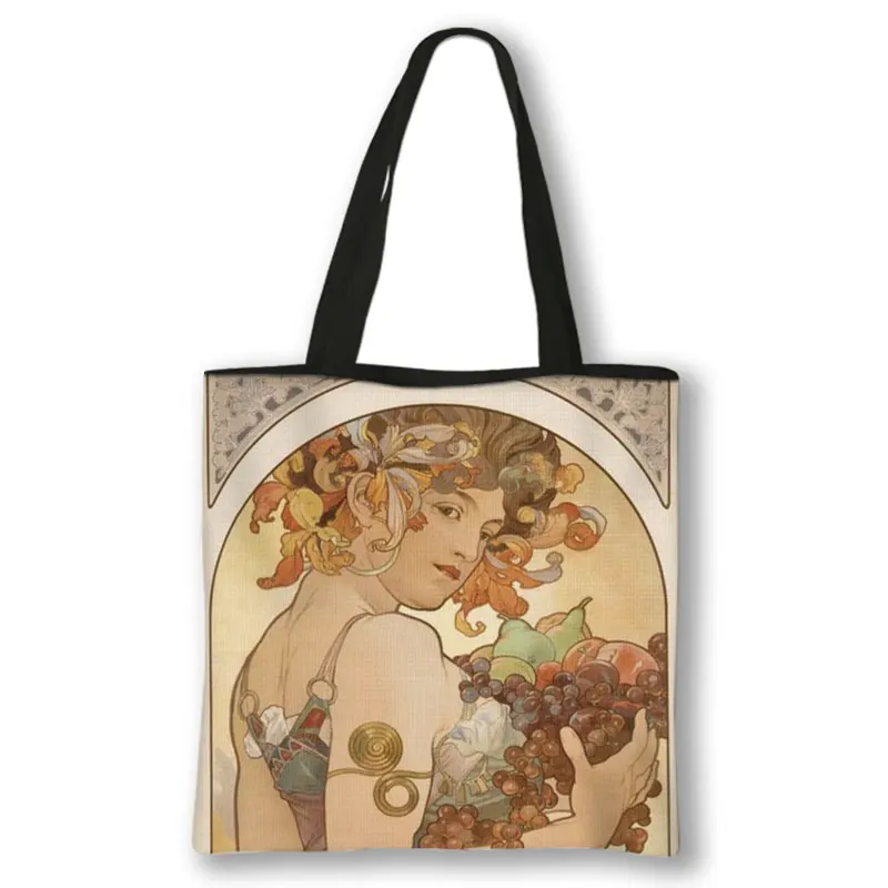 Oil Painting By Alphonse Mucha Print Shoulder Bag Women Totes Bags Large Capacity Casual Handbag Reusable Shopping Bags Gift