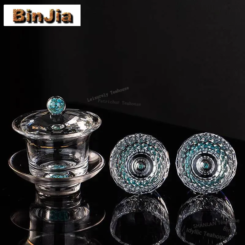Creative Turquoise Crystal Glass Teaset Complete Set Tea Ceremony 2 Cup Kit Cover Bowl And Tea Cup Set Teaware Accessories Craft