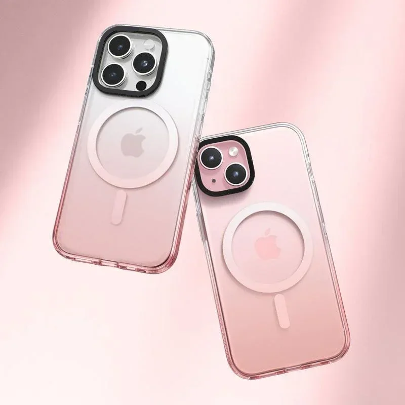 Gradient Pink Transparent Border iPhone 13 14 15 Pro Max Case - Protective iPhone Case with MagSafe
