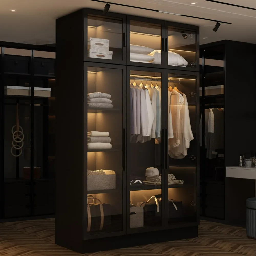 

Wardrobe Cabinet with LED Lights, Armoire Closet with Glass Doors, Wooden Large Wardrobe with Hanging Rod & 5 Tiers Shelf,Modern