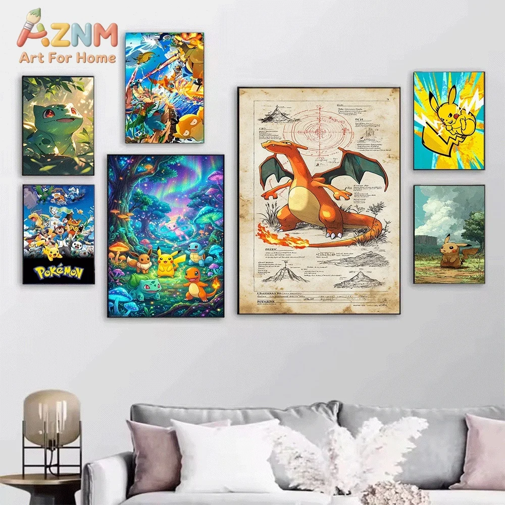 Anime Pokemon Charizard Starry Sky Van Gogh Style Canvas Wall Art, Cute Cartoon Frameless Canvas Painting for Kids Bedroom Liv