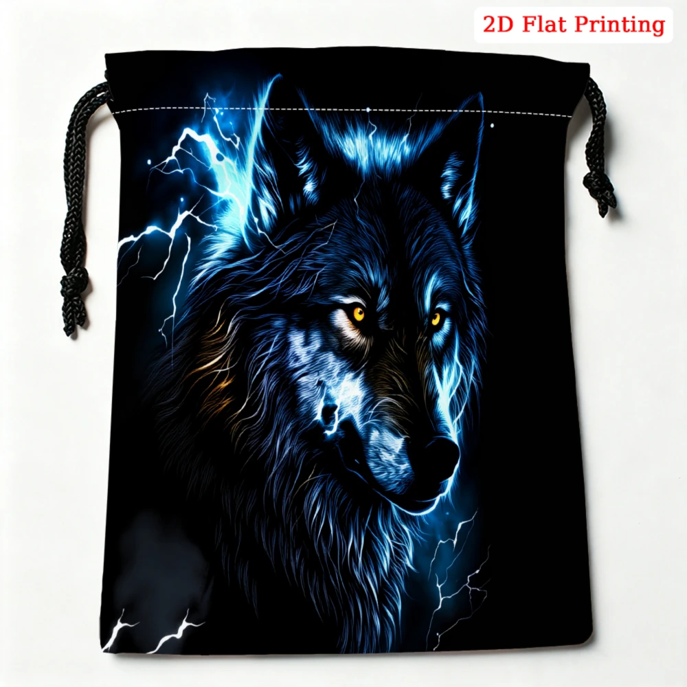 1Pc Wolf Pattern Drawstring Bag Black Blue Lightning Print Storage Small Pouch For Travel Gym Cosmetics Organization Unisex Port