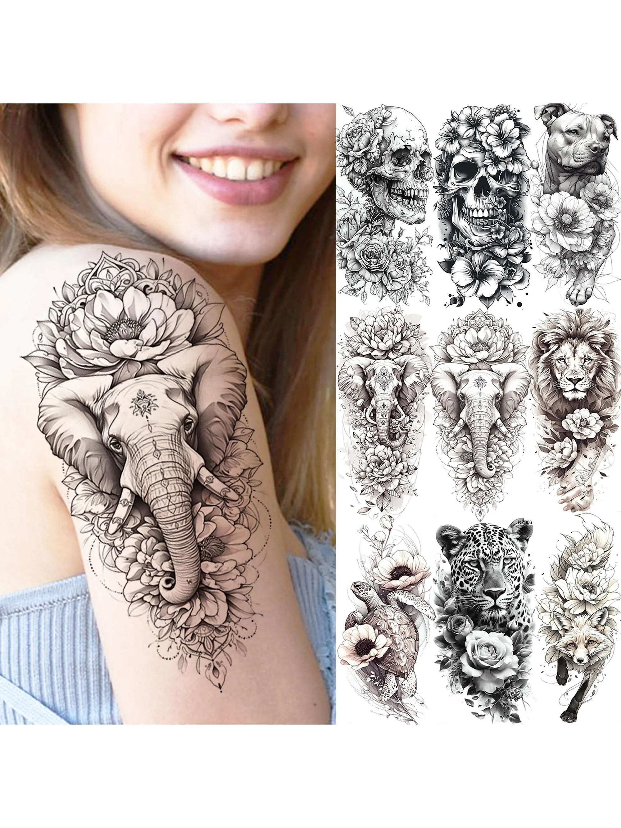 1 feuille beau éléphant avec des fleurs tatouages temporaires pour les femmes imperméable crâne animaux Tatoos réaliste faux tatouage autocollant