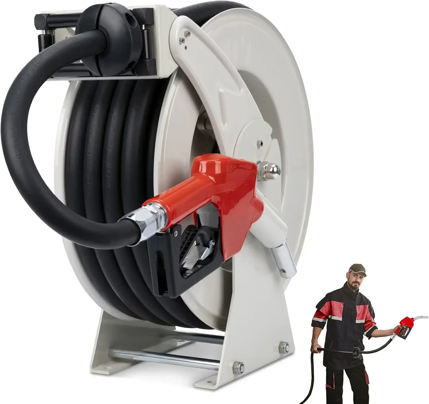 Fuel Hose Reel Retractable 3/4'' 50ft with Fueling Nozzle, Diesel Fuel Hose Reel, Auto Spring Driven Diesel Hose Reel, 300 PSI