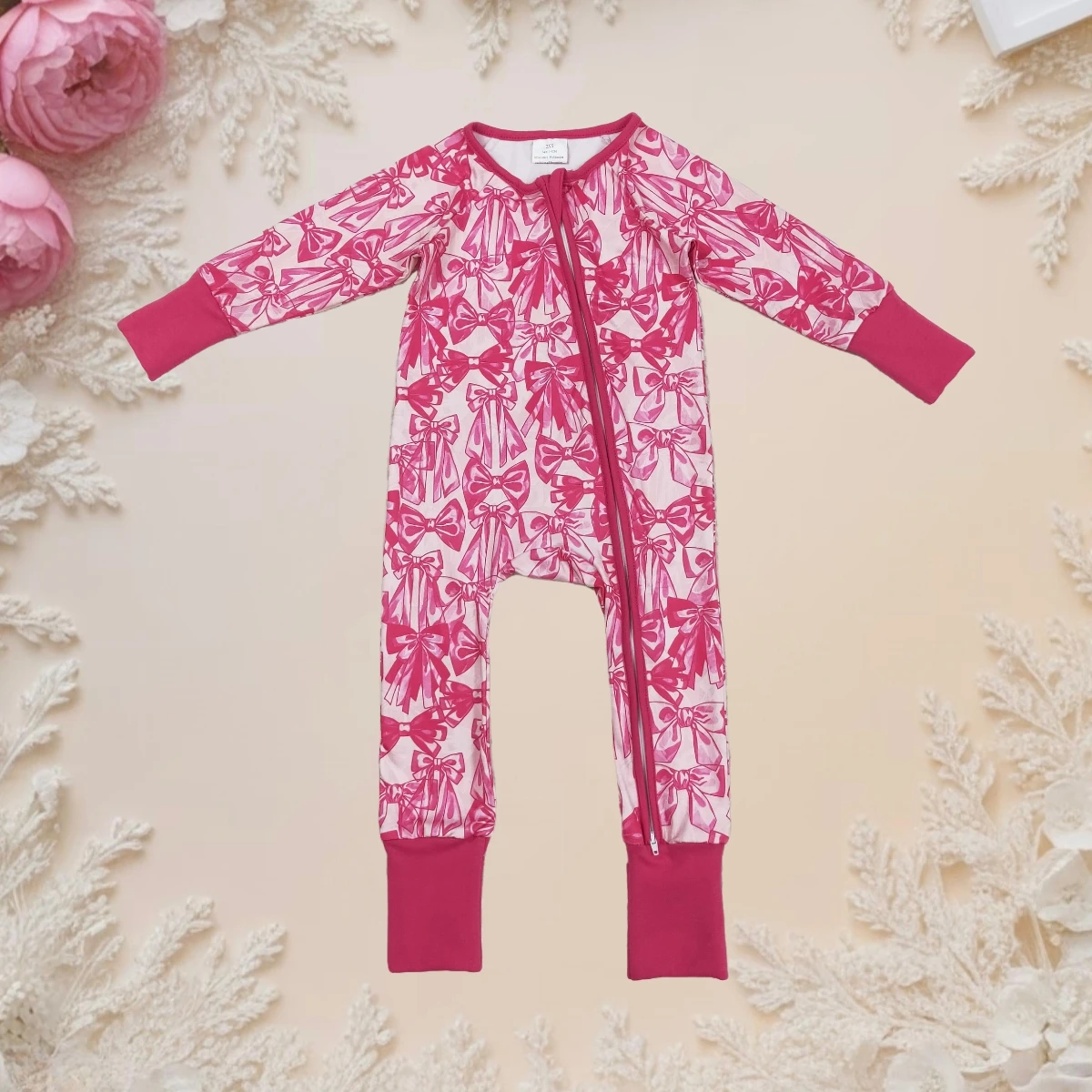

Newborn Bodysuit Baby Girls Long Sleeves Pink Bows Zipper Footie Sleepers Rompers Infant Fashion Toddler Children Clothing