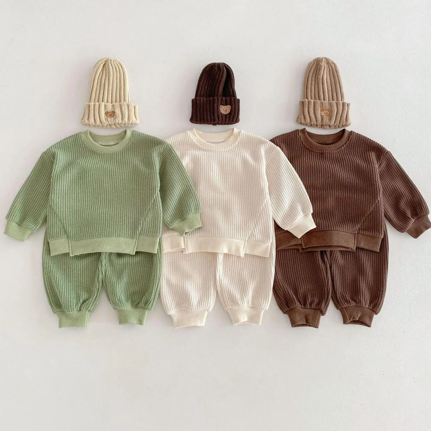 2024 Spring New Baby Ribbed Clothes Set Boy Girl Children Solid Long Sleeve Tops + Pants 2pcs Fashion Kid Cotton Sweatshirt Suit