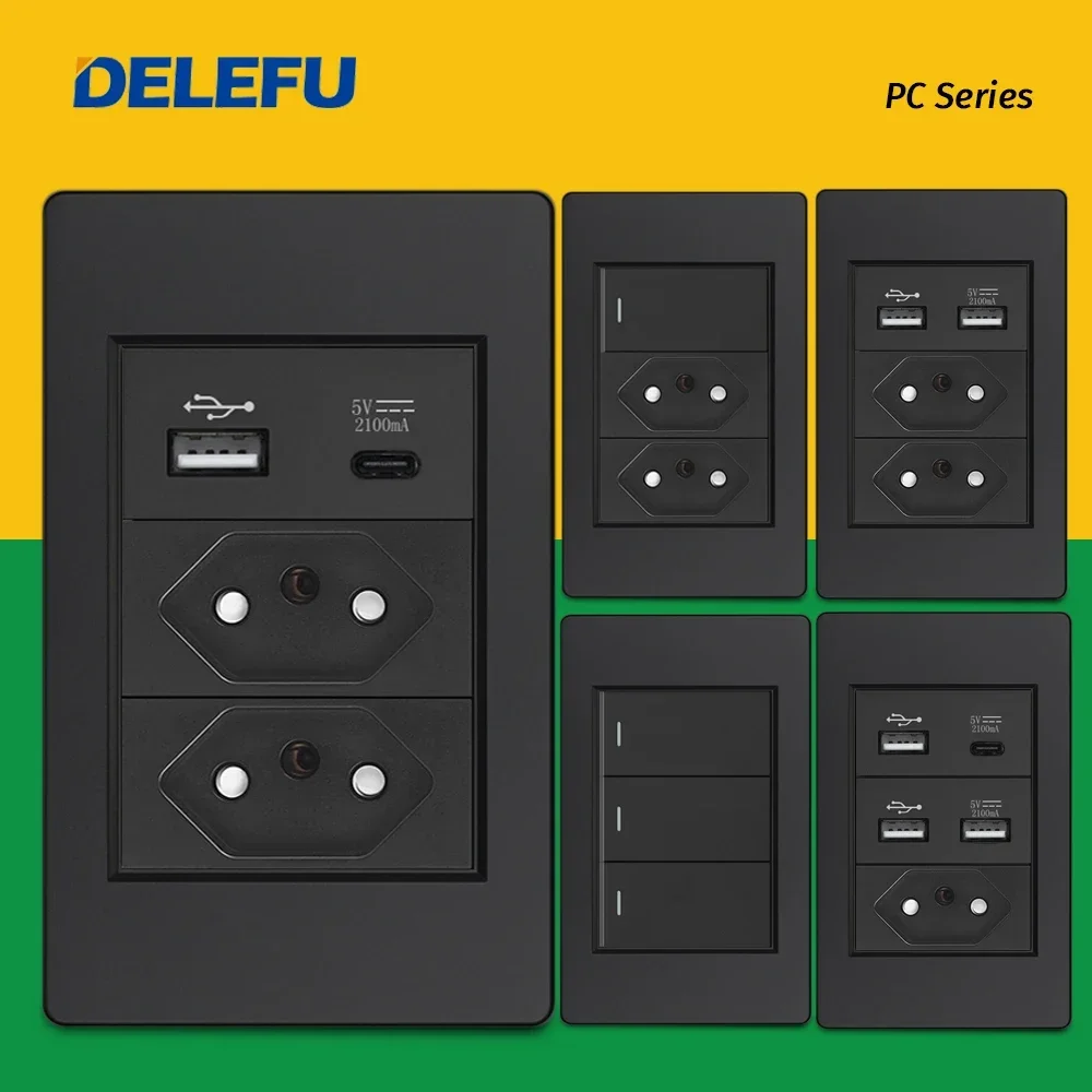 DELEFU PC Panel Fireproof Double USB Type C Charge Brazil Standard Outlet Black Wall Power Light Switch Electrical Plug  10A 20A