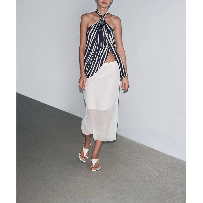 Spring Summer New Women's Midi Skirt Transparent White Rayon Blend High Waist Slit Long Straight Cut Stand Fit  Color