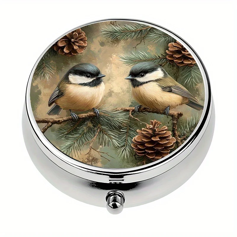 1 mini pill box with 3 compartments, featuring a forest bird and pine cone theme, mini pill container, pill storage box, perfect for travel and storing vitamins