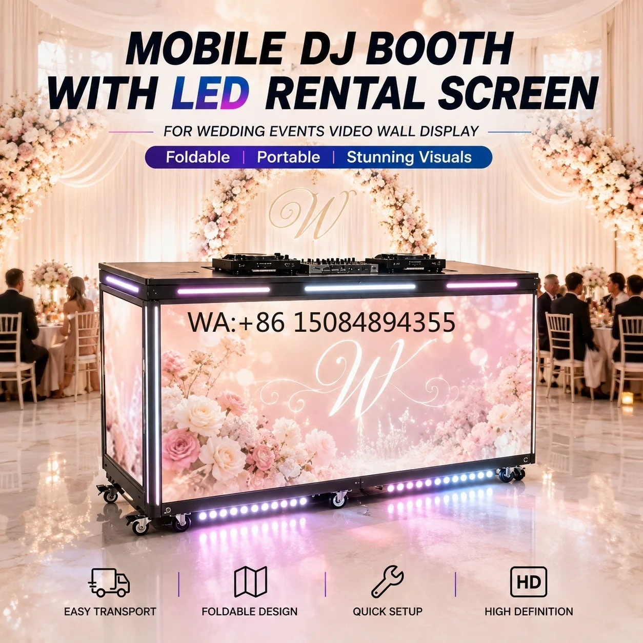 LED DJ Booth for Wedding Events Portable Folding DJ Table LED Screen Display IP65 Waterproof Sunlight Readable 5-Year Warranty