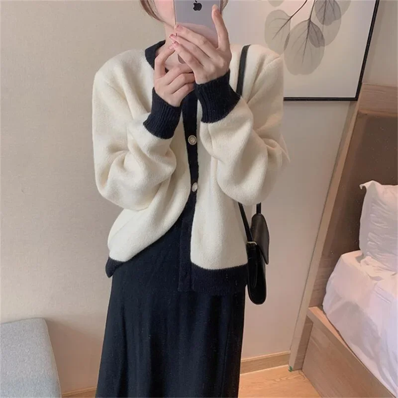 Single-breasted loose knitted cardigan for women, V-neck sweater, simple clothes, spring and autumn, 2023