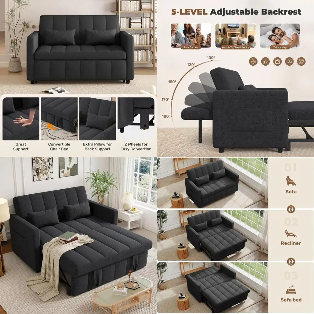 

3-in-1 Convertible Couch Bed with Adjustable Backrest, Side Pockets, Easy Assembly, Gray