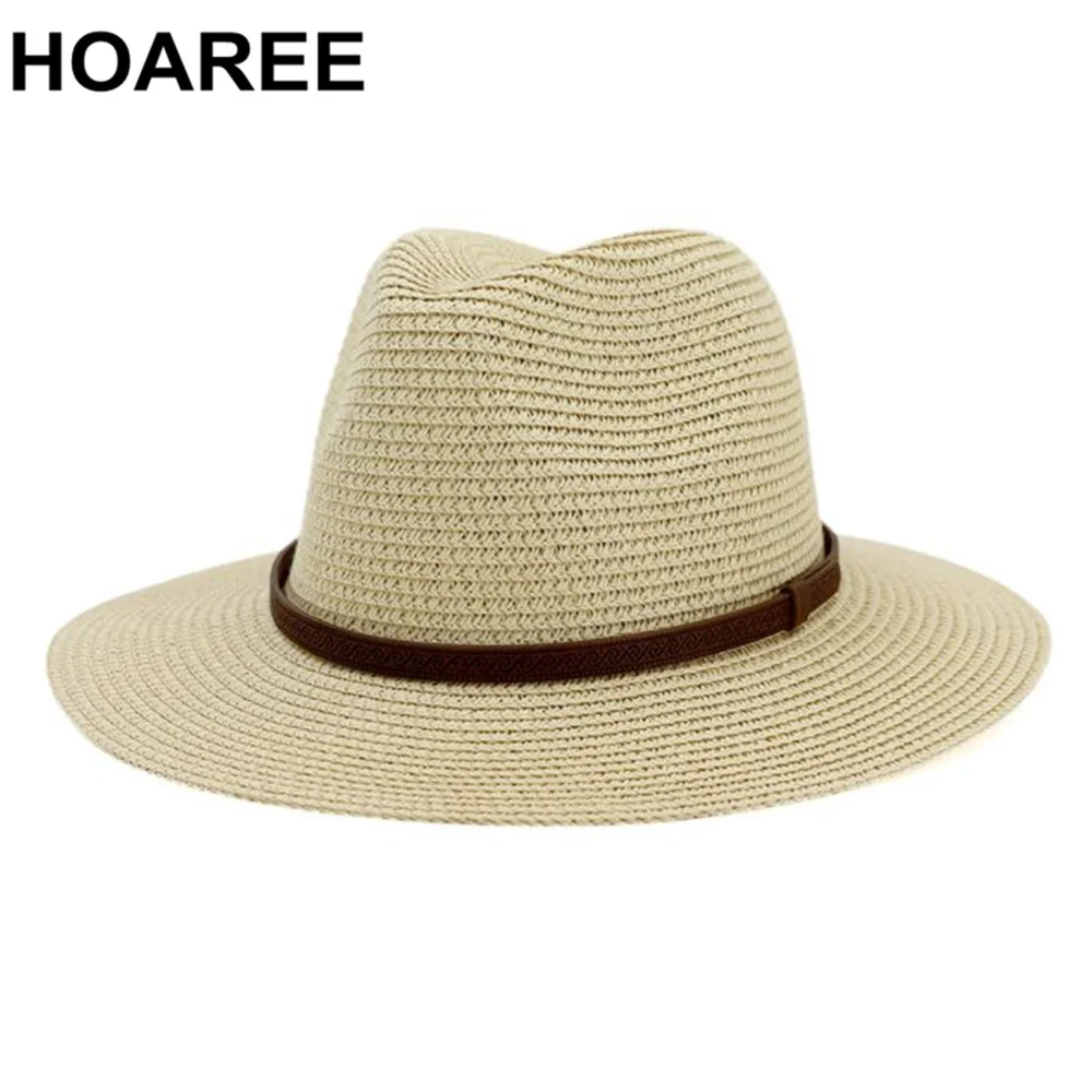 

HOAREE Panama Hats Womens Summer Sun Hat Female Sombrero Beige Straw Belt Decorate 2024 New Fashion Brand Trilby