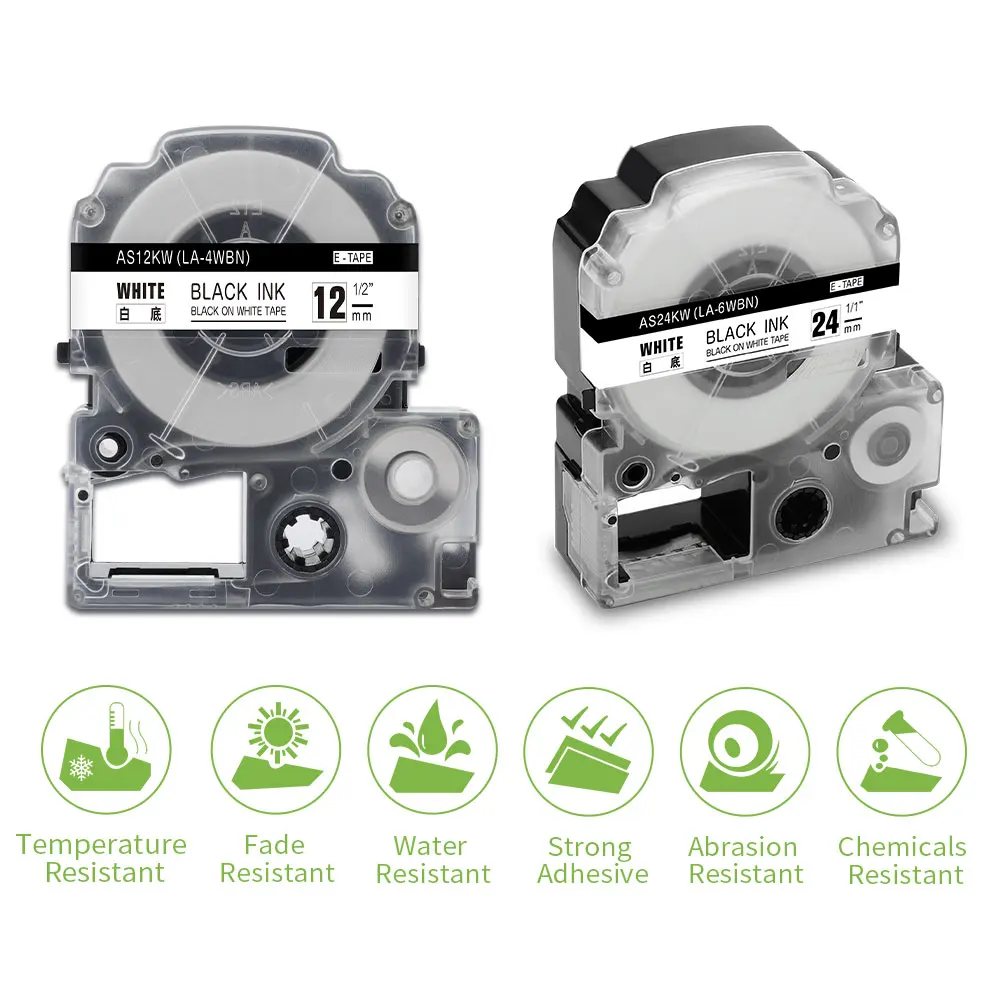 Fita cassete compatível para Epson, impressora de etiquetas, compatível com LW-400, LW-300, LW-600P, LW-700, LC-4WBN9, SS12KW, SS18KW, 12mm, 18mm, 1