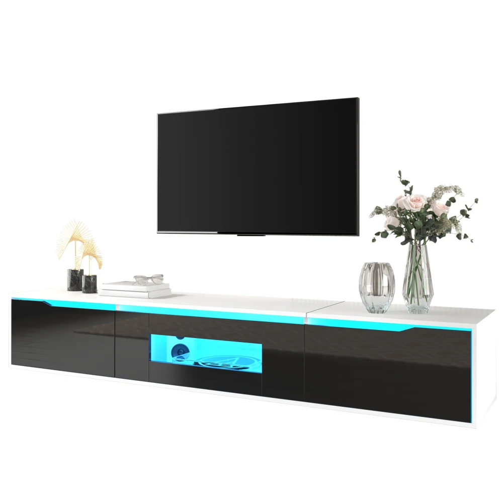 Mueble para TV moderno, soporte para TV de alto brillo, colores a juego en blanco y negro, con iluminación LED que cambia de color, para sala de estar