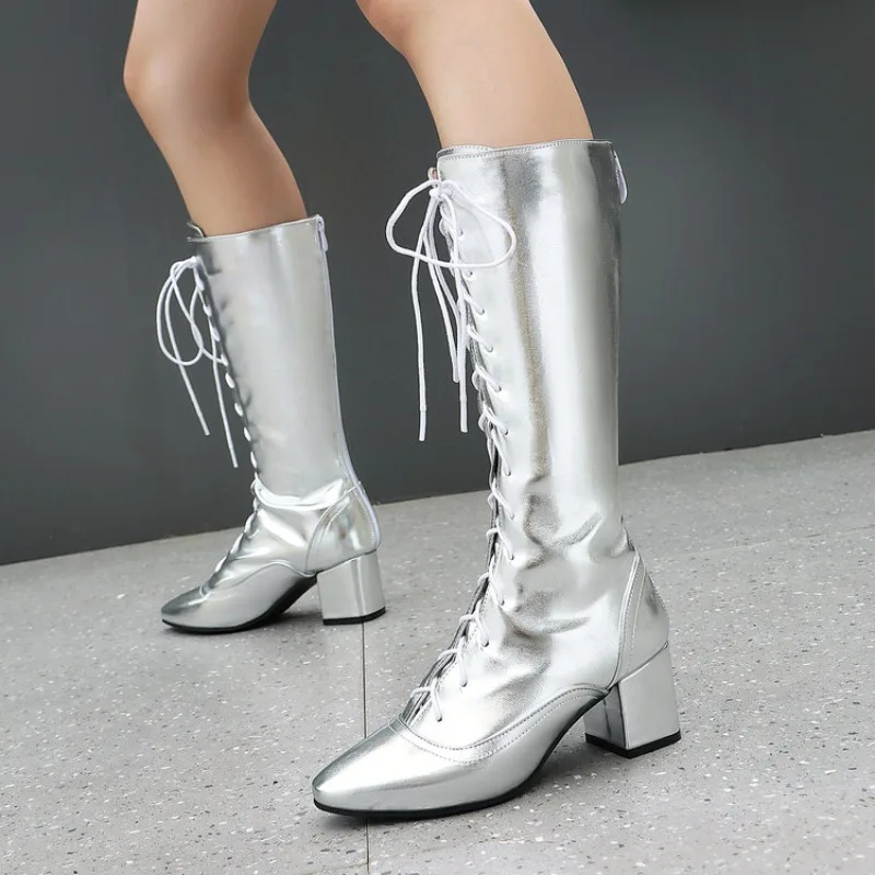 Women Patent Leather Knee High Boots Chunky Heel Platform Lace Up Side Zipper Round Toe Punk Party Boots Dance Shoes